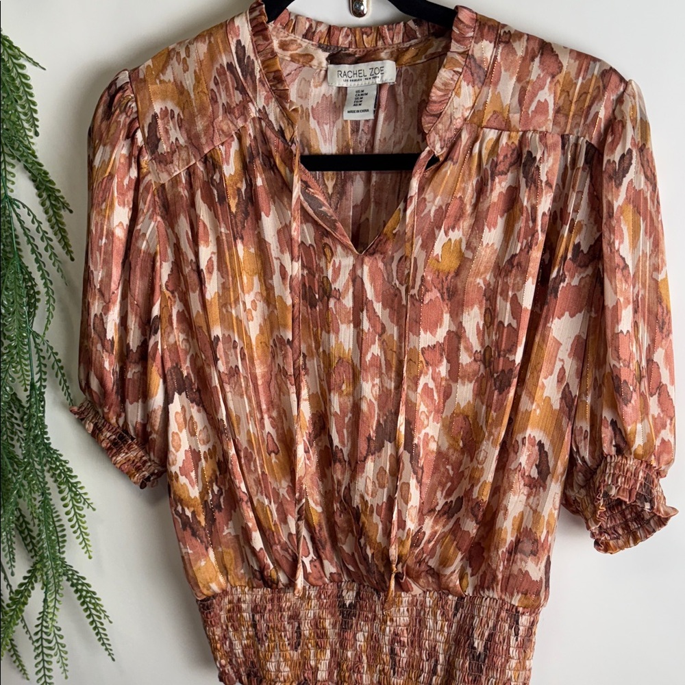 Rachel Zoe Rust Floral Pleated V-Neck Women's Top